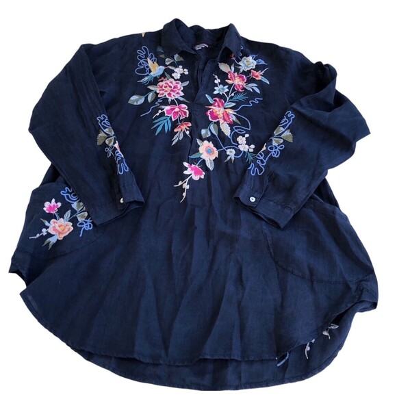 JOHNNY WAS Floral Embroidered Navy Tunic Shirt Top Boho Chic Size Large - Picture 4 of 12